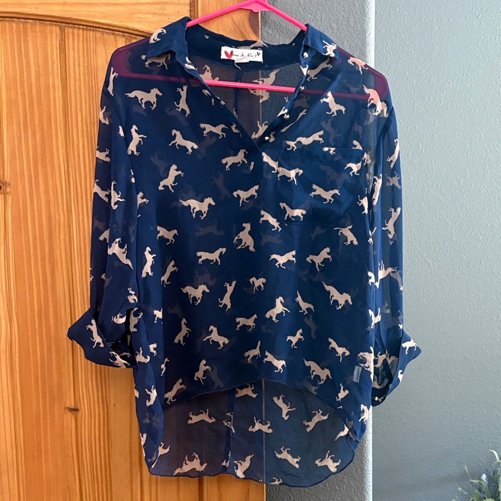 Stylish Sheer Blouse with Horse Design